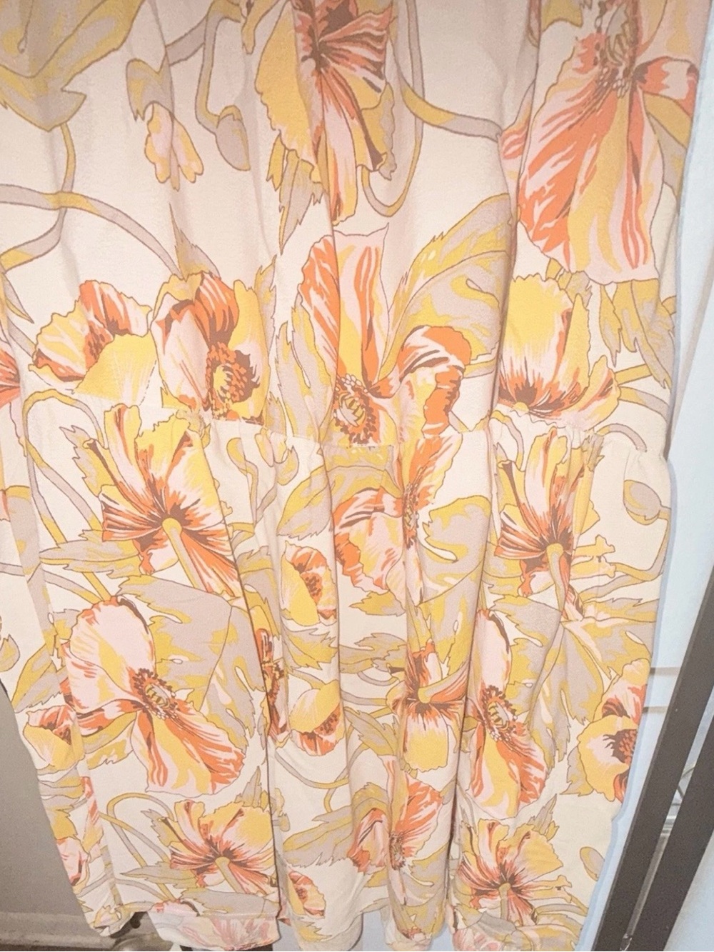 Floral Smocked Waist Midi Dress in Cream and Peach v neck